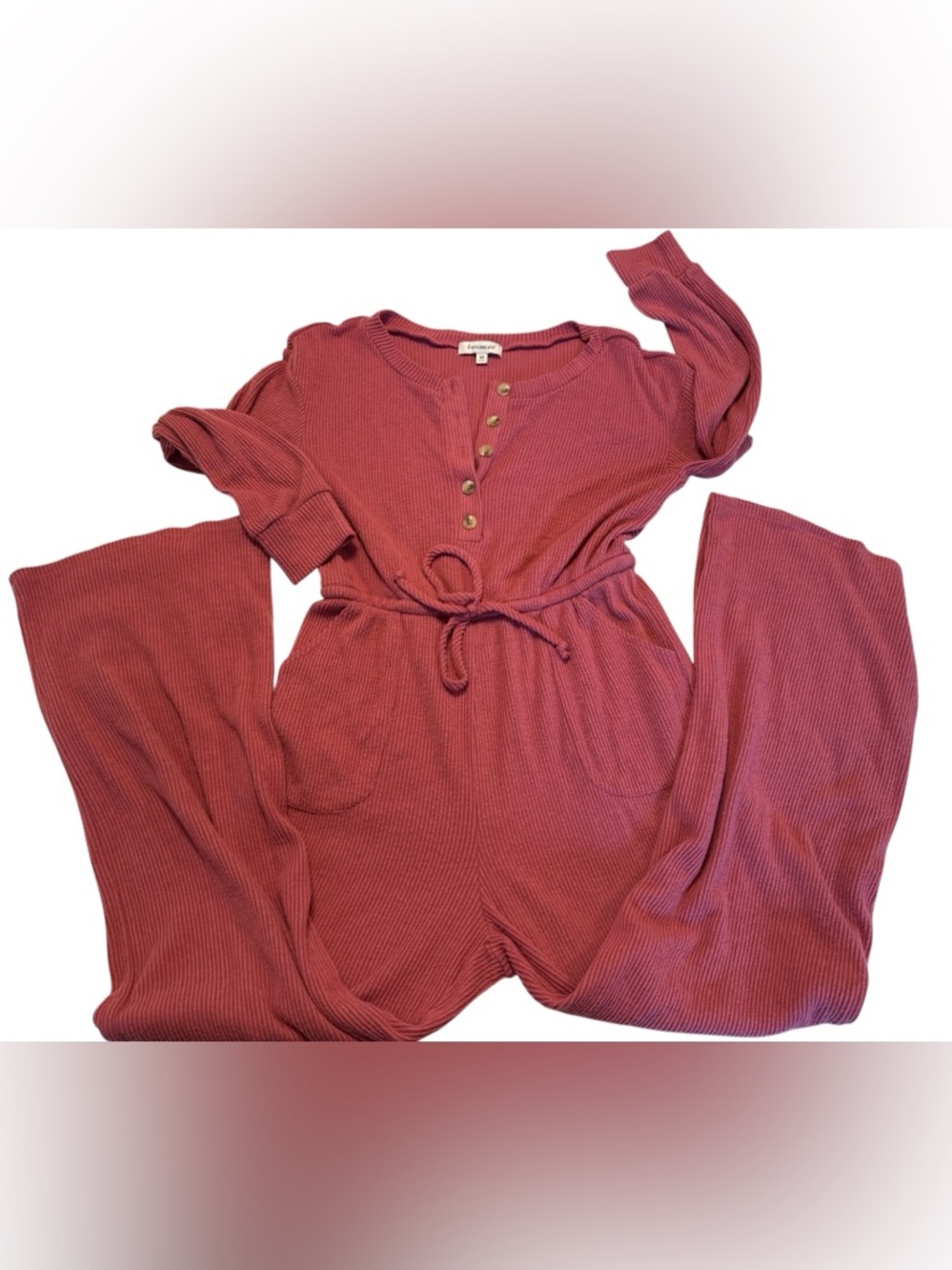 Francesca's Collections Rose Ribbed Henley Jumpsuit with Tie Waist